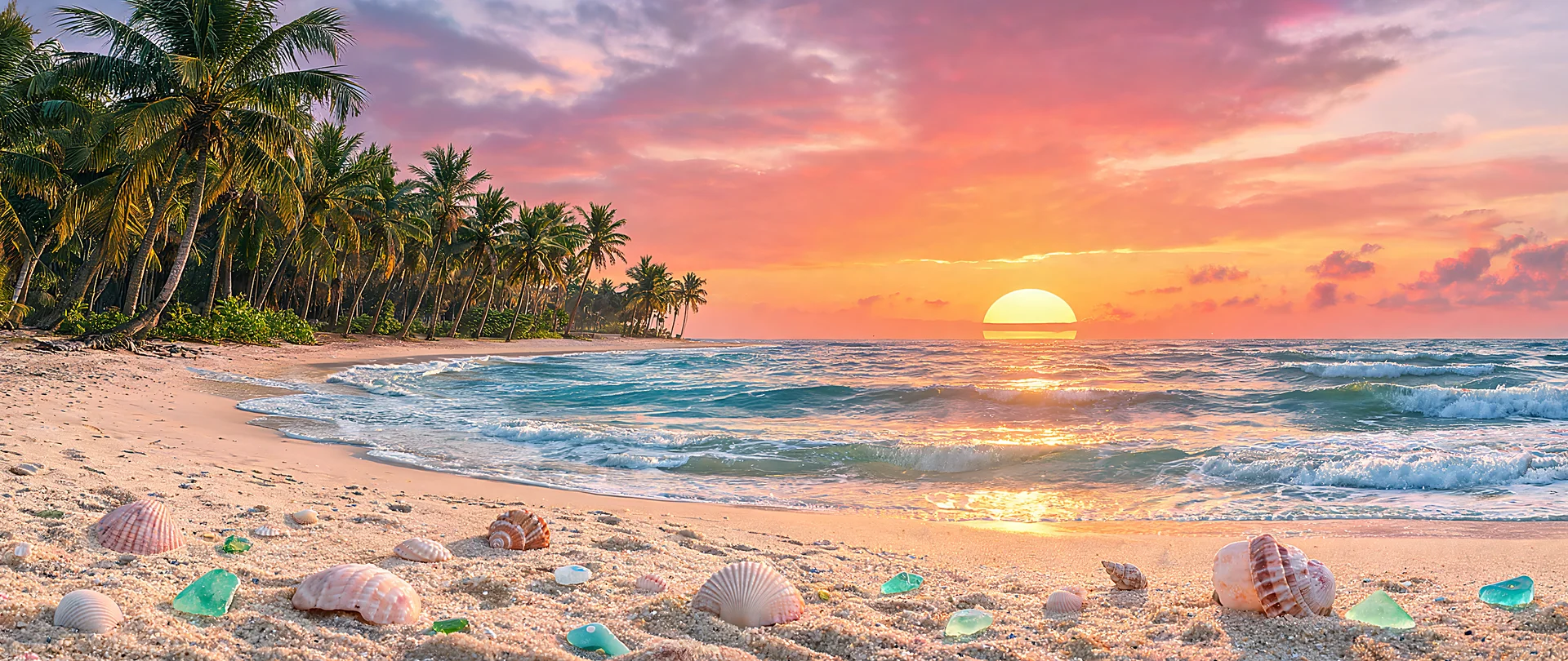 Glowing Palm Beach Sunset Waves WFHD Wallpaper