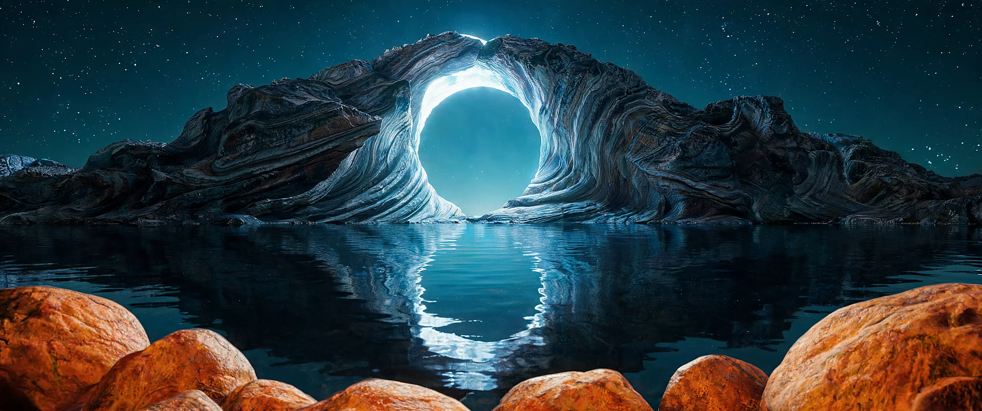 Moonlit Cave Arch Reflecting Serenity UWQHD Wallpaper