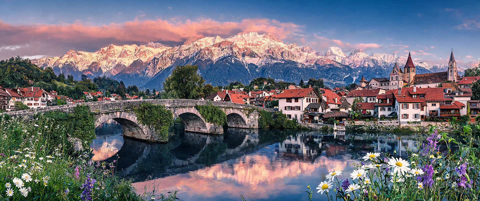 Golden Bridge Alpine River Sunset