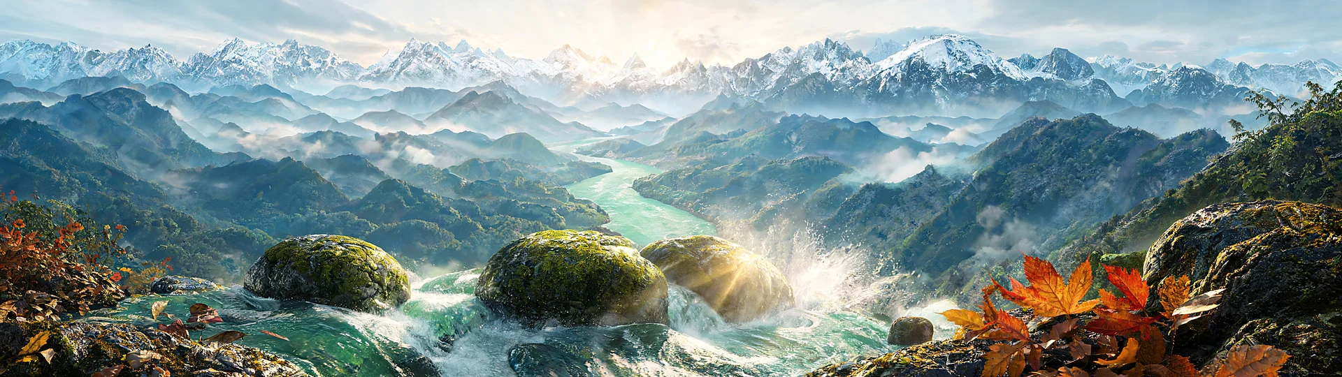 Alpine River Flowing Over Mossy Boulders