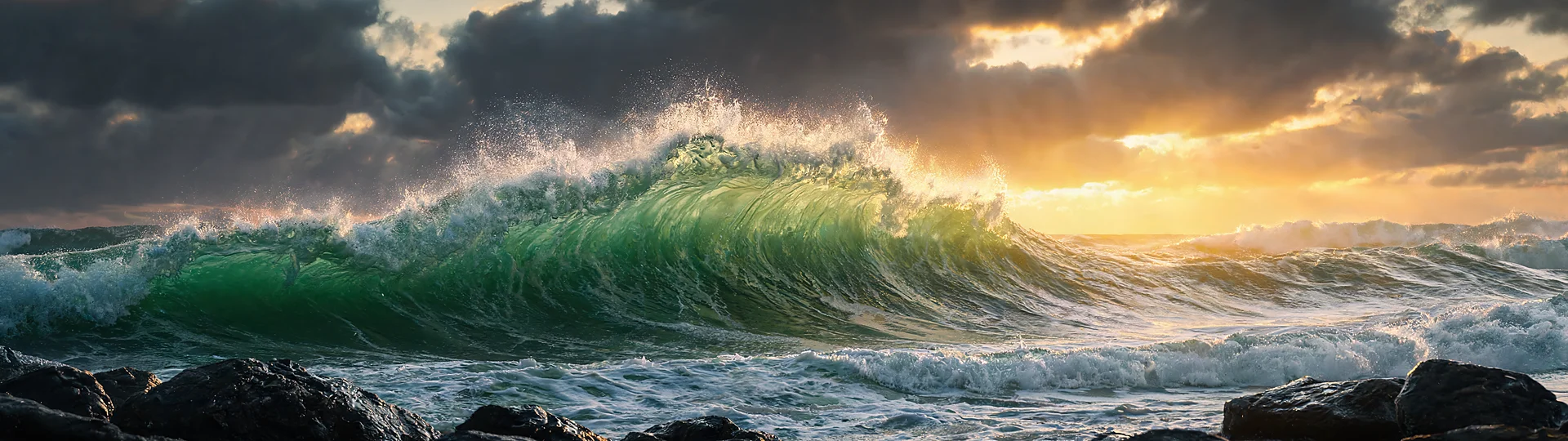 Shattered Waves Golden Hour Dramatic Seascape