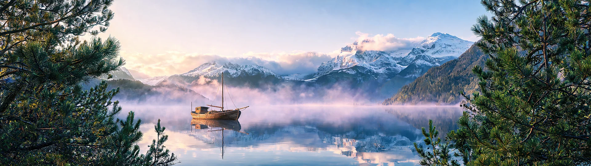 Misty Lake with Wooden Boats