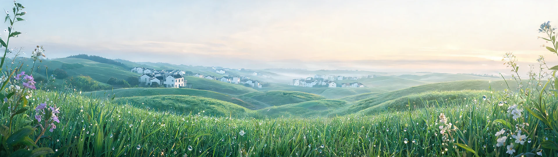 Mist-Rested Village over Emerald Plains 5120x1440 Desktop Wallpaper
