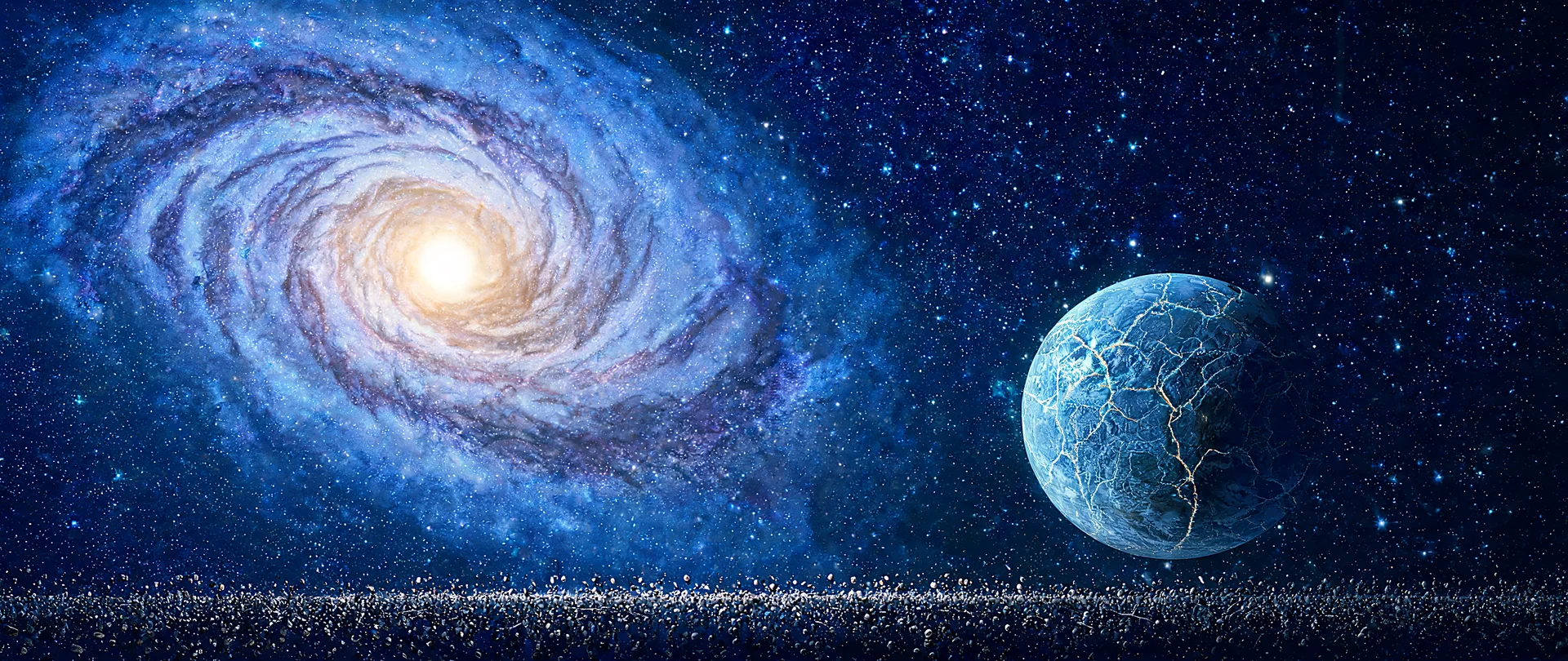 Radiant Spiral Nebula Above Frozen Exoplanet Ultra Full HD Wallpaper