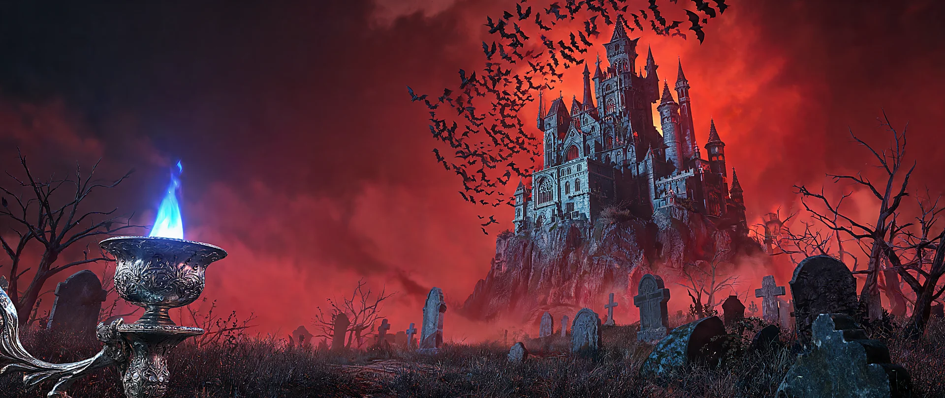 Gothic Vampire Castle Under Blood Moon 2560x1080p Wallpaper
