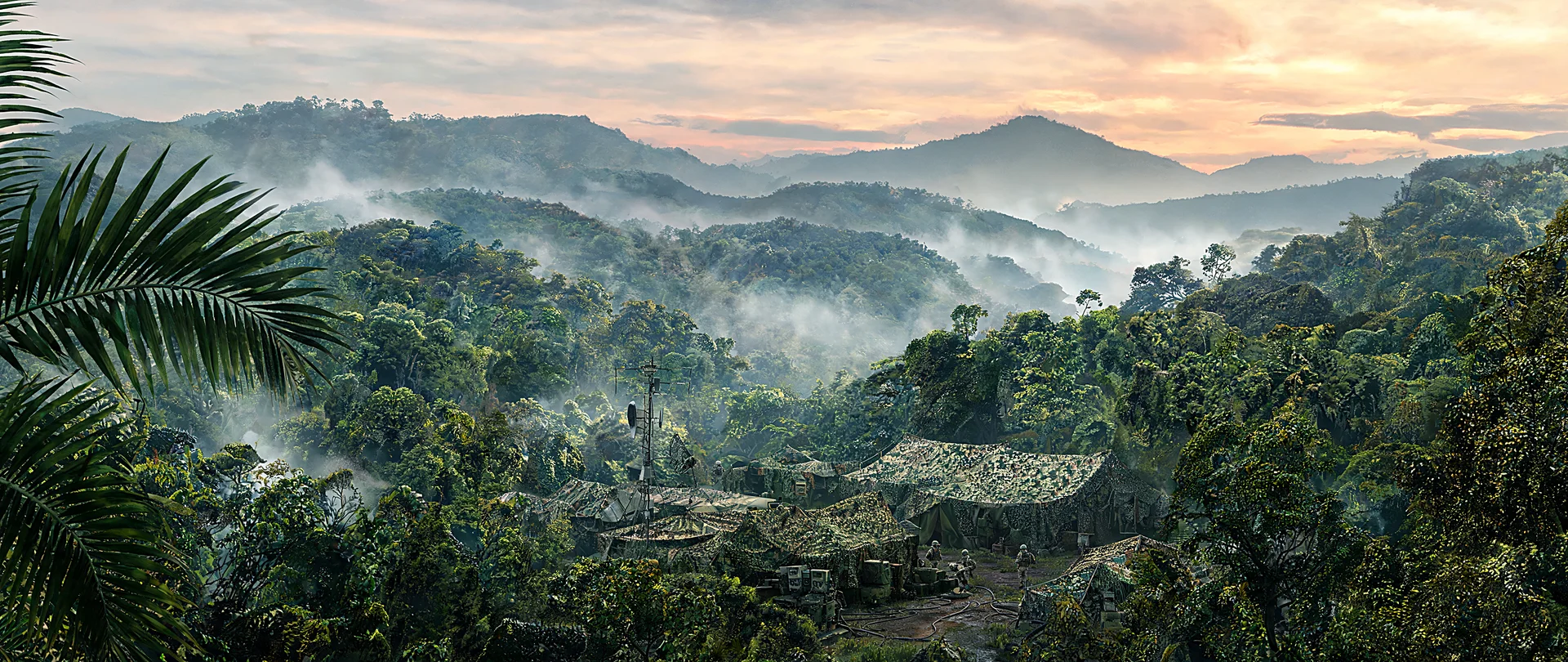 Camouflaged Outpost in Misty Jungle