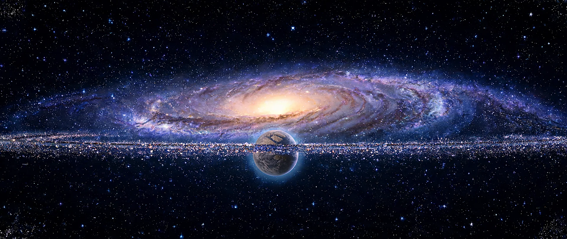 Majestic Spiral Galaxy with Dust-Ringed Planet WFHD Wallpaper