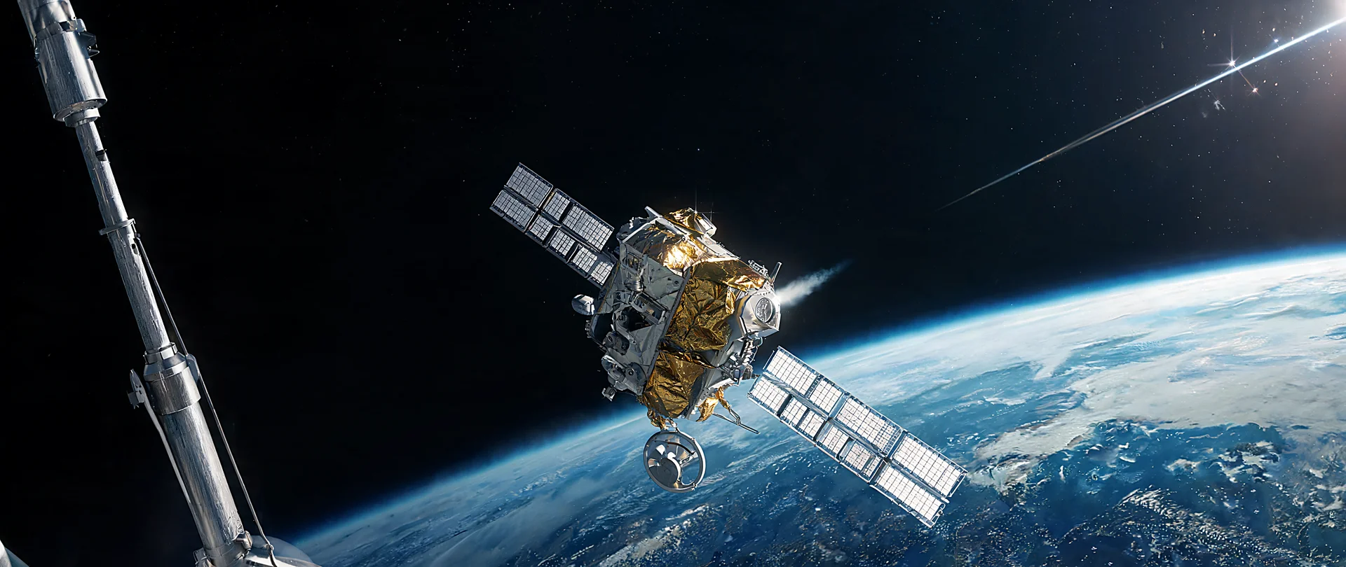 Luminous Flare Over Solar Panel Satellite