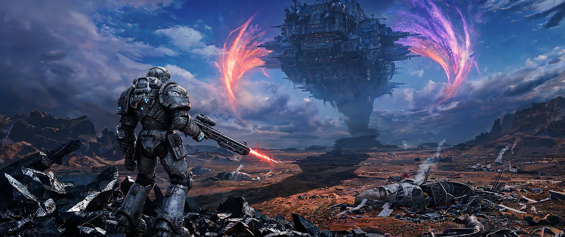 Space Marine Wallpaper: Celestial Vanguard Ascending 3440x1440 Desktop