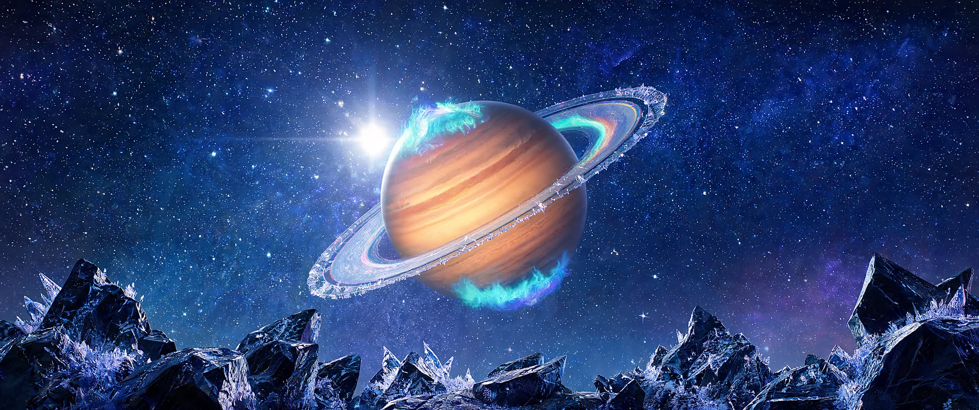 Orbital Ice Ring Luminous Planet 3440x1440p Wallpaper