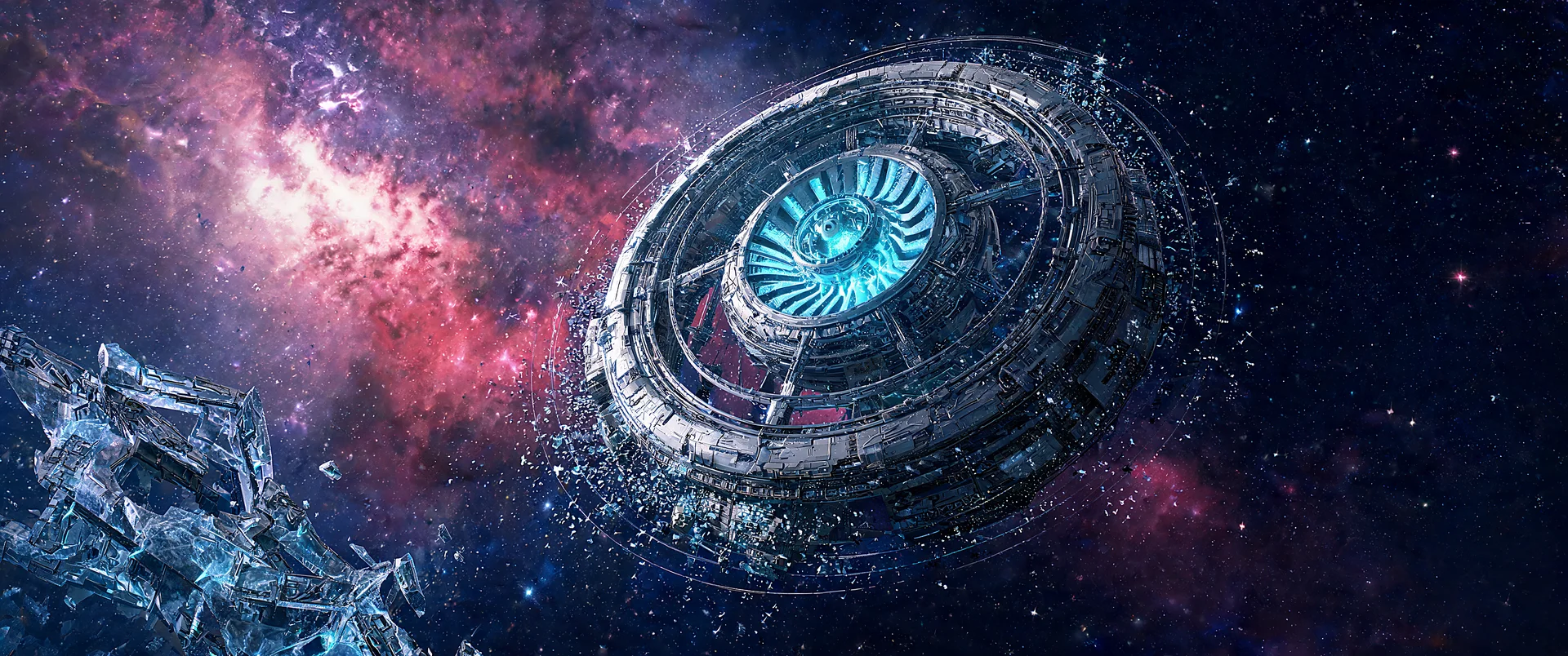 Radiant Orbital Battle Station 3440x1440 Monitor Wallpaper