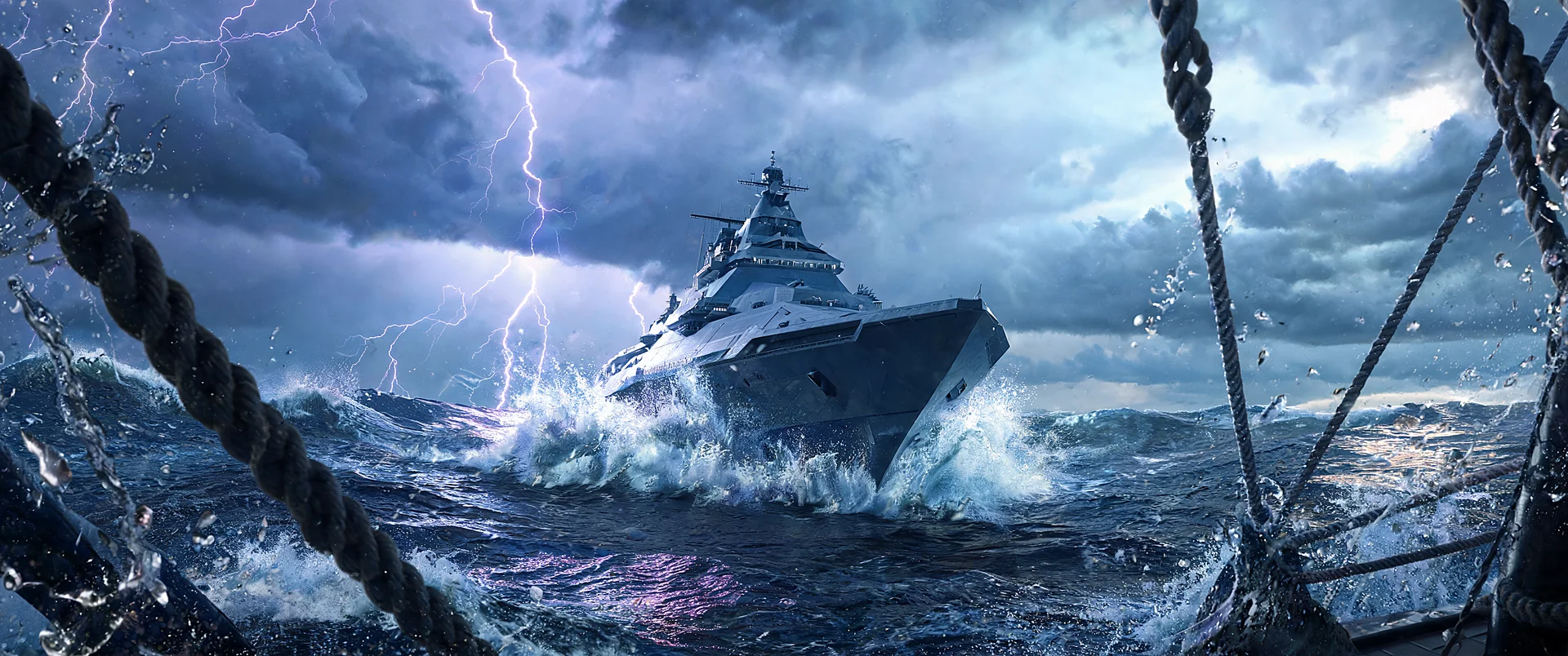Stealth Frigate in Lightning Storm 21:9 Widescreen Wallpaper