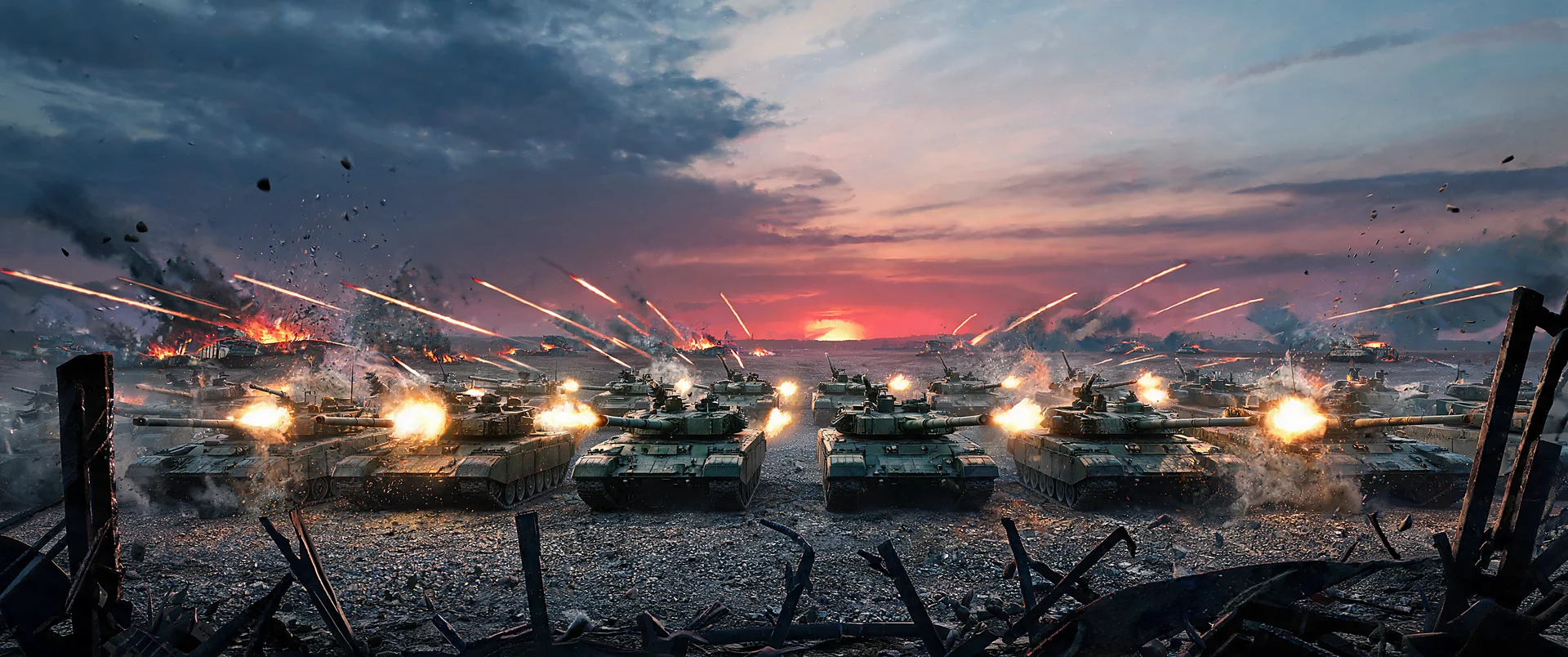 Tank Barrage Sunset Inferno Ultra WQHD Wallpaper