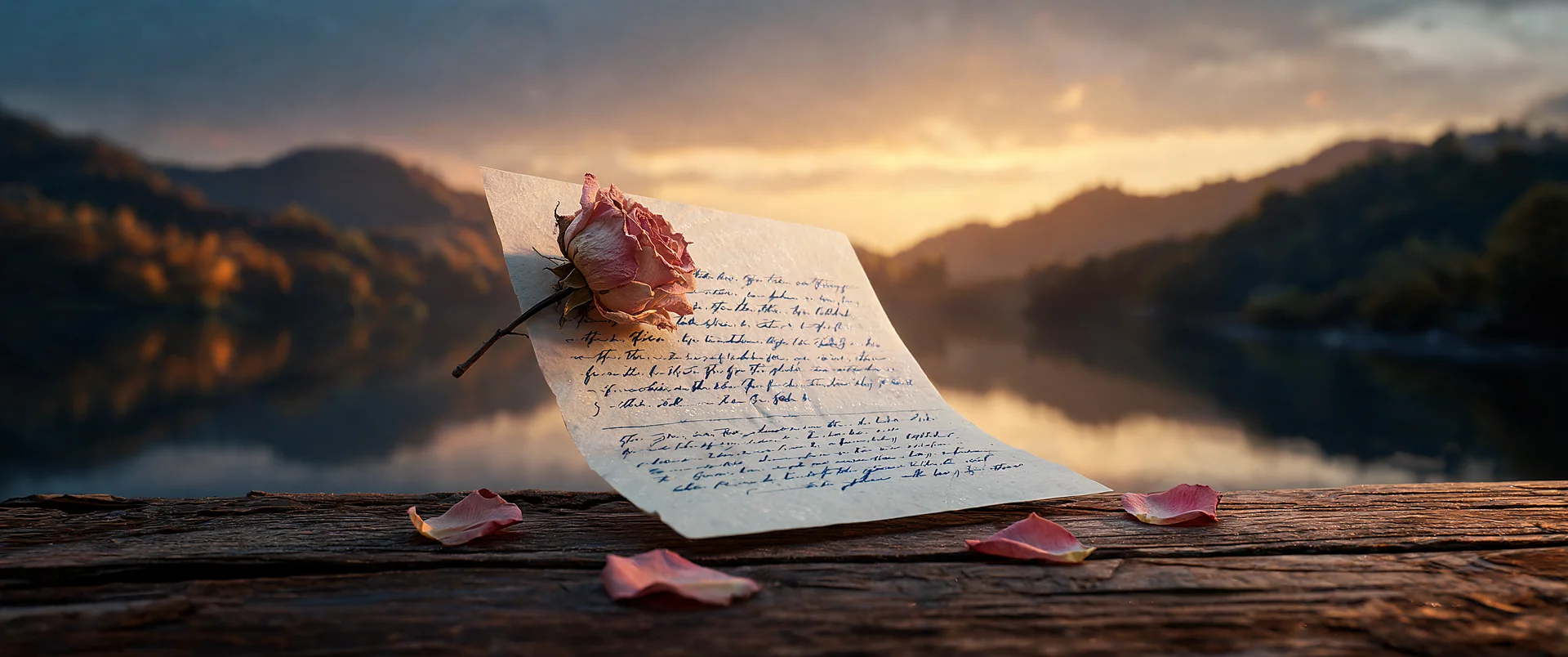 Dusk of a Love Letter: Glowing Feather and Mountain Silhouettes