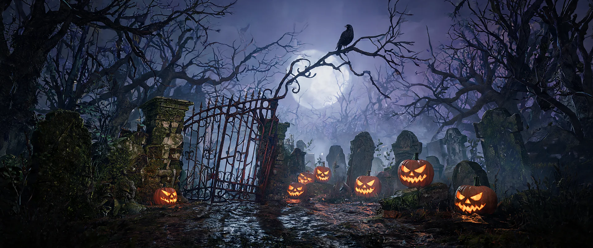 Spooky Halloween Wallpaper Moonlit Graveyard 3440x1440 Background