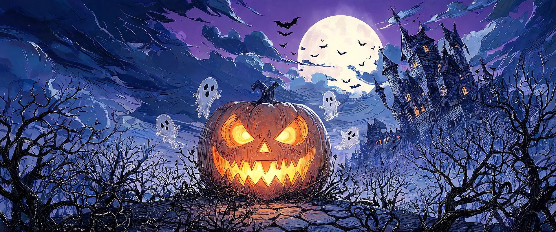Spectral Glow in Halloween Sketch UWQHD Wallpaper