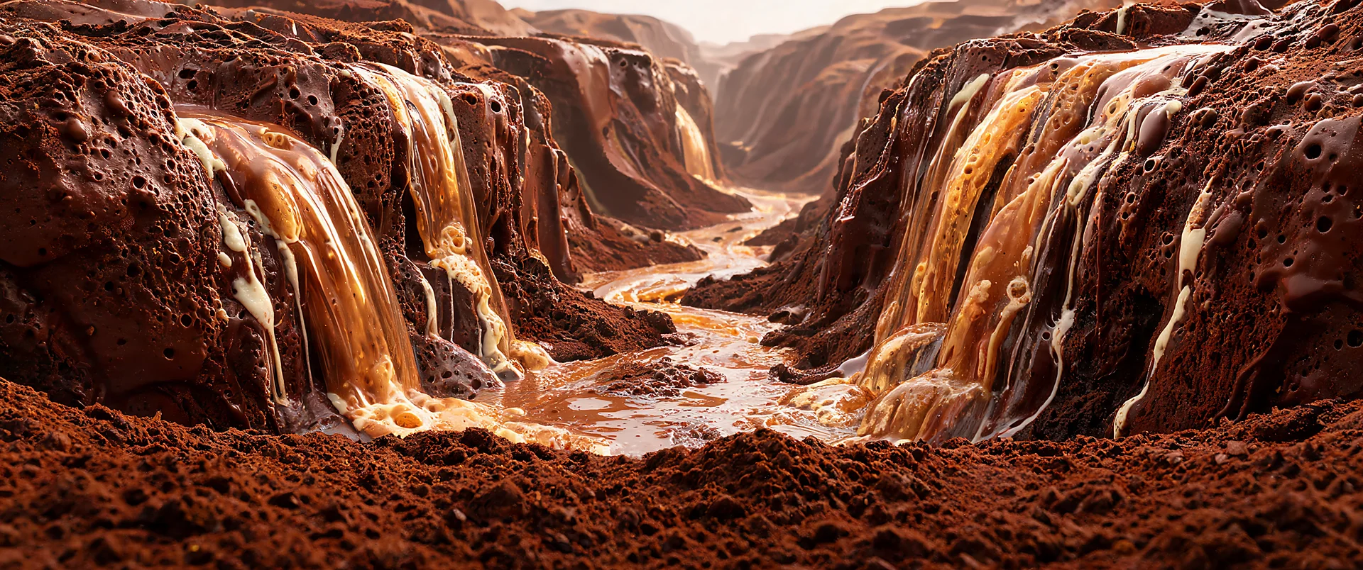 Molten Chocolate Cascading Through Fractured Cocoa Slabs Ultra WQHD Wallpaper