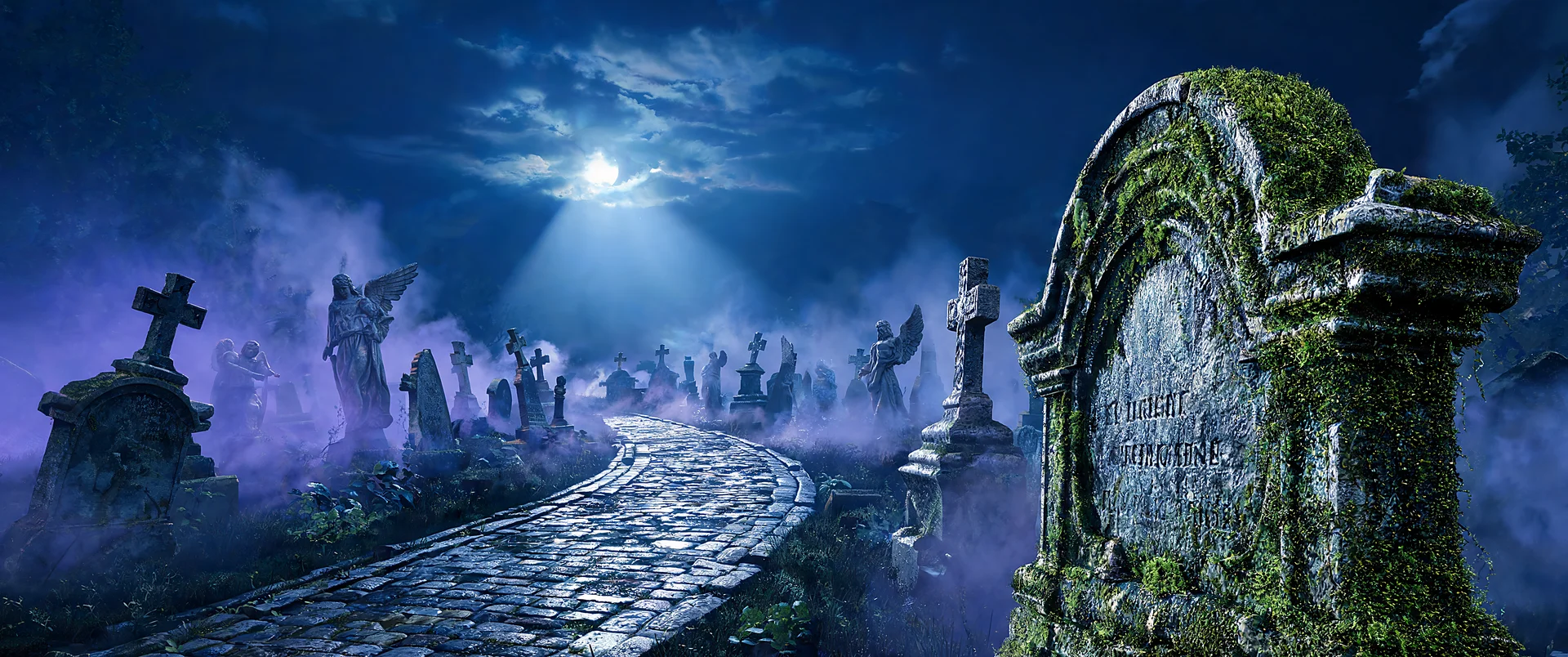 Misty Graveyard Wallpaper Beneath Moonbeams