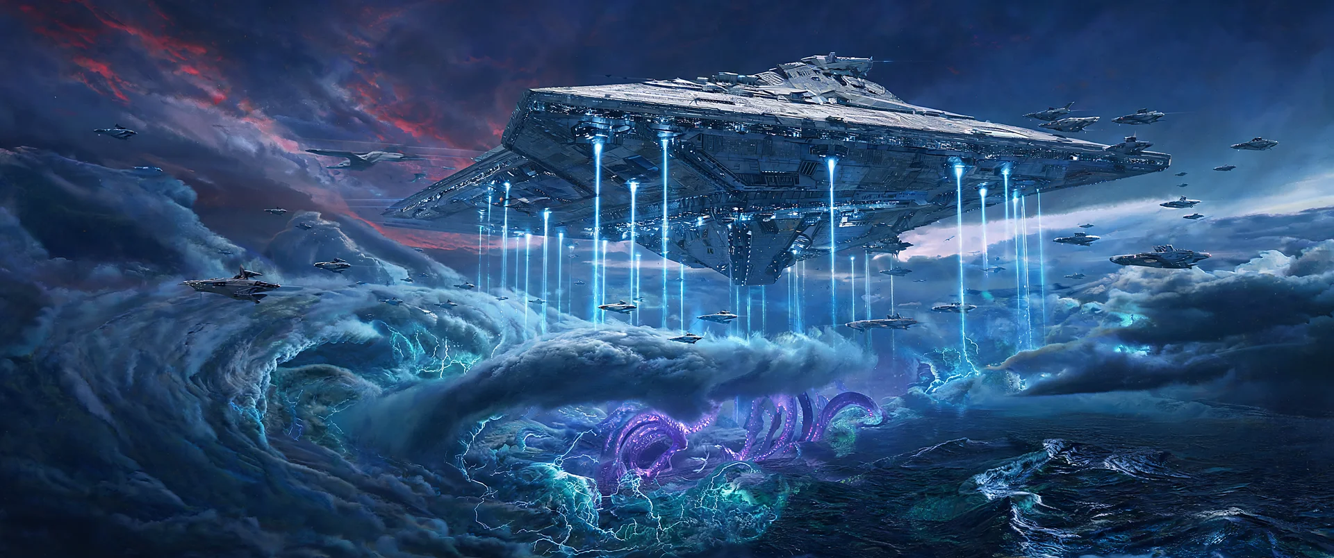 Alien Warship Hovering Above Stormy Exoplanet UWQHD Wallpaper