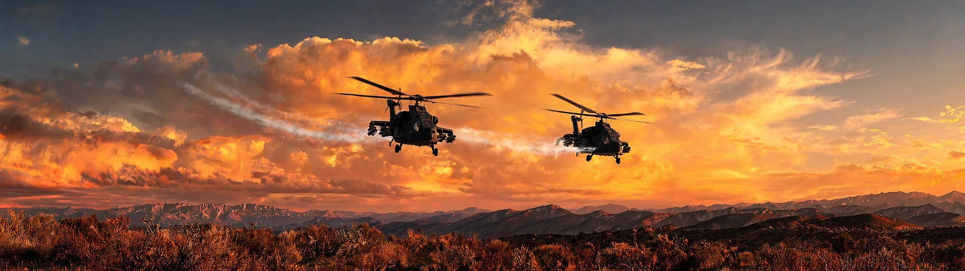 Thunderous Gunship Patrol at Dusk 32:9 Full HD Wallpaper