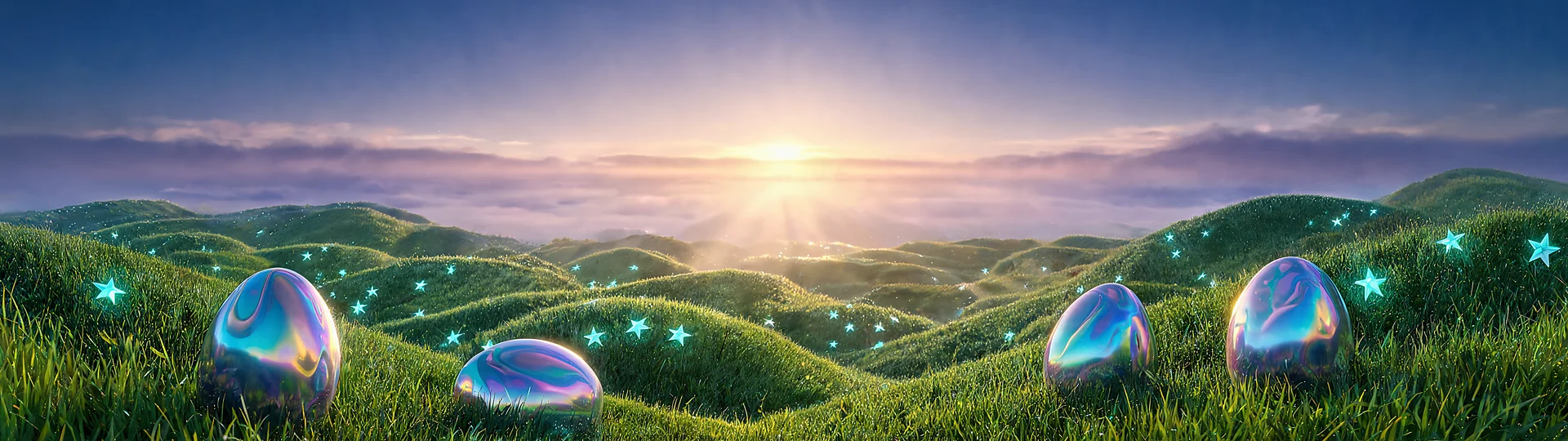 Glowing Easter Eggs on a Sleek Surface 3840x1080p Wallpaper