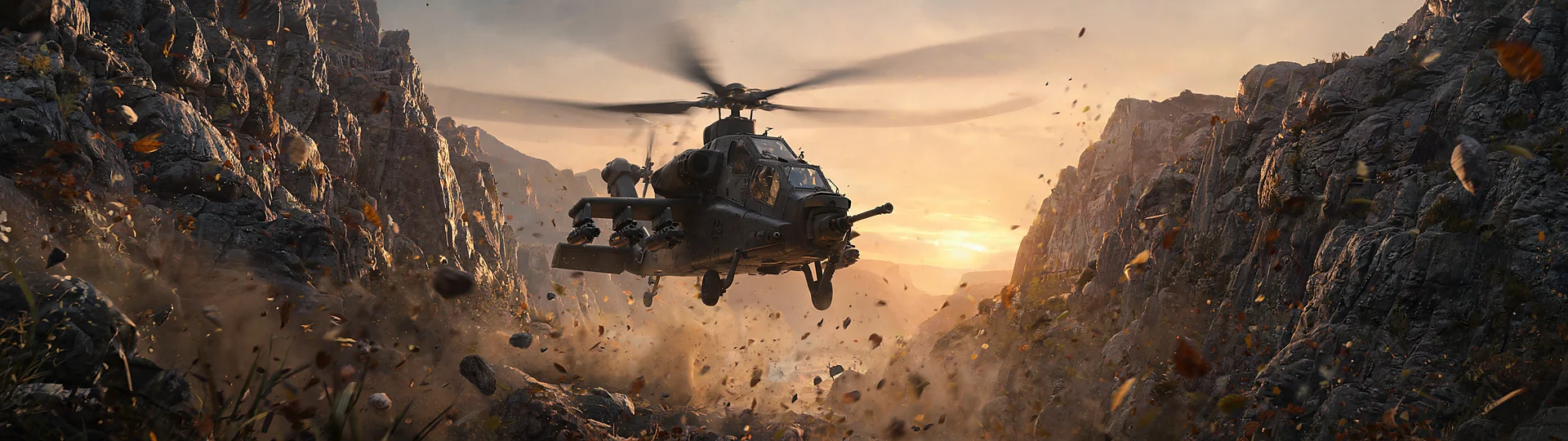 Combat Helicopter Hovering at Dusk