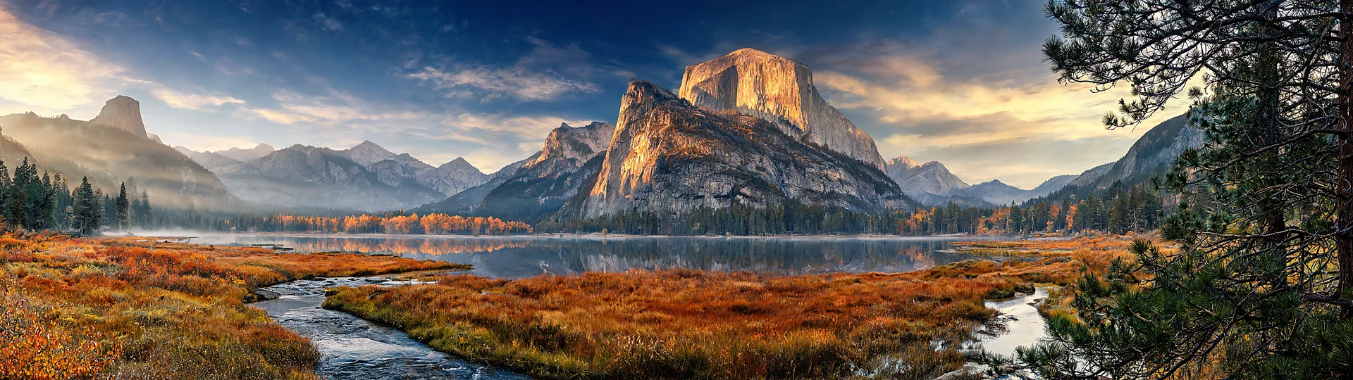 Golden Hour Half Dome Reflection 3840x1080 Desktop Wallpaper