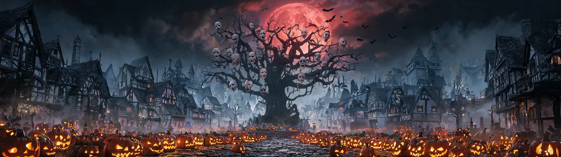 Crimson Harvest Moon Over Haunted Village 5120x1440 Super Ultrawide Wallpaper