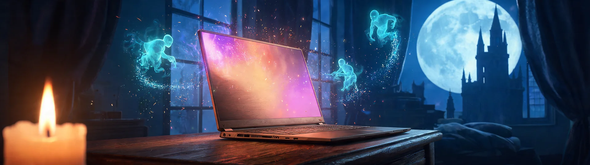 Haunted Laptop Halloween Night DQHD Wallpaper