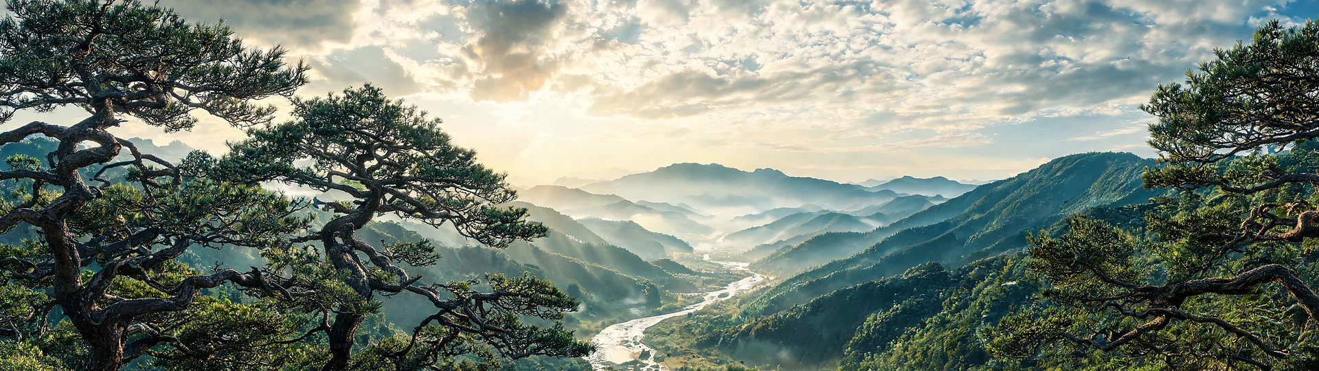 Golden Sunrise Over Misty Peaks Valley 5120x1440 Background