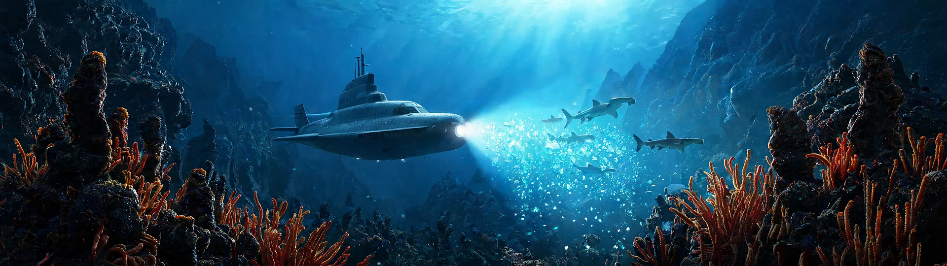 Stealth Submarine Piercing Bioluminescent Abyss DQHD Wallpaper