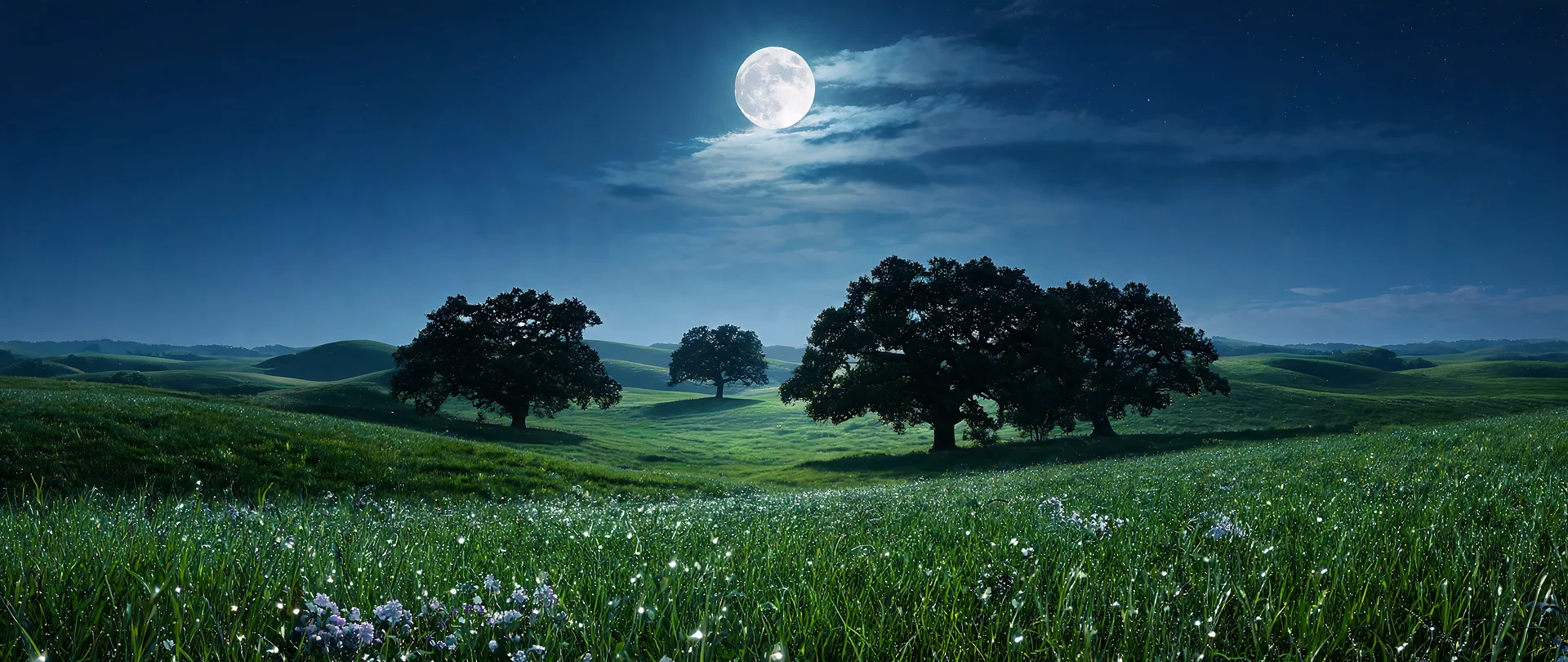 Luminous Moonlit Meadow and Silhouette Trees 5120x2160 Desktop Wallpaper