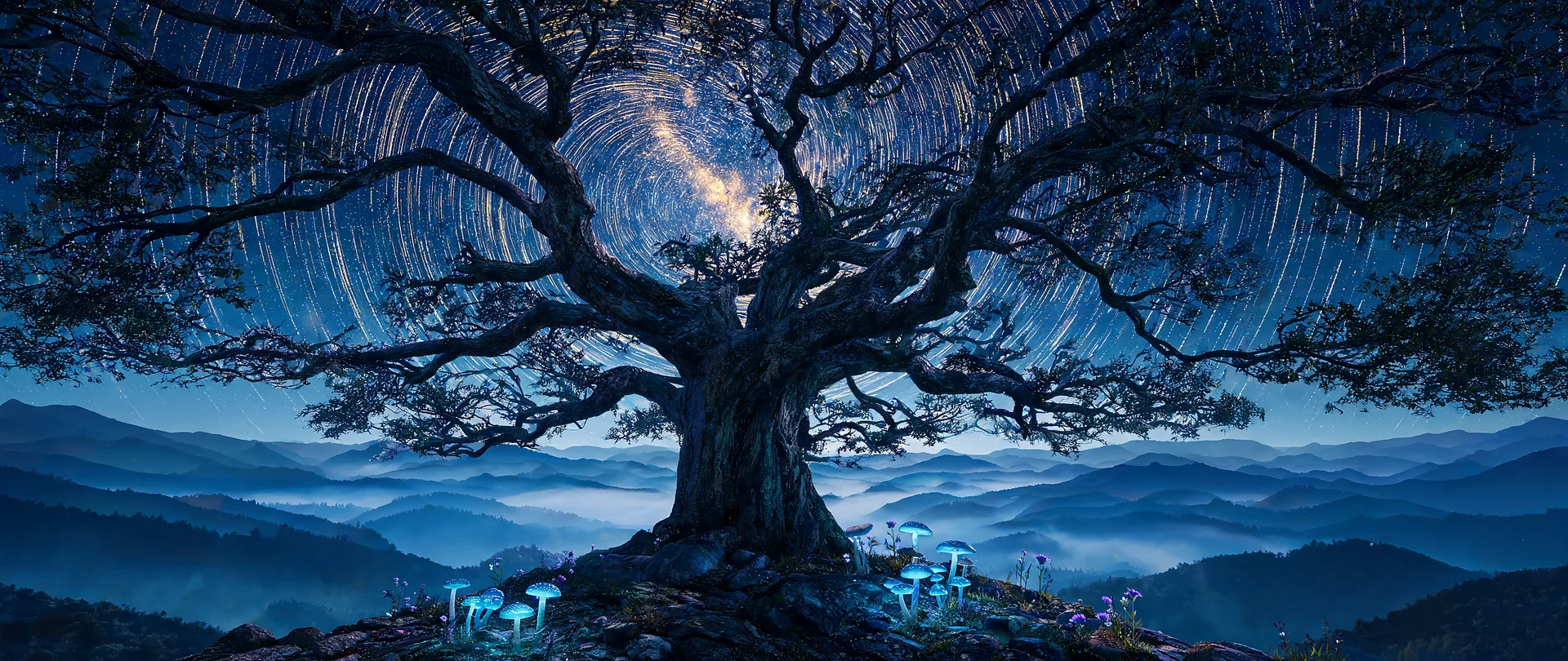 Ancient Oak Bending Under Milky Way