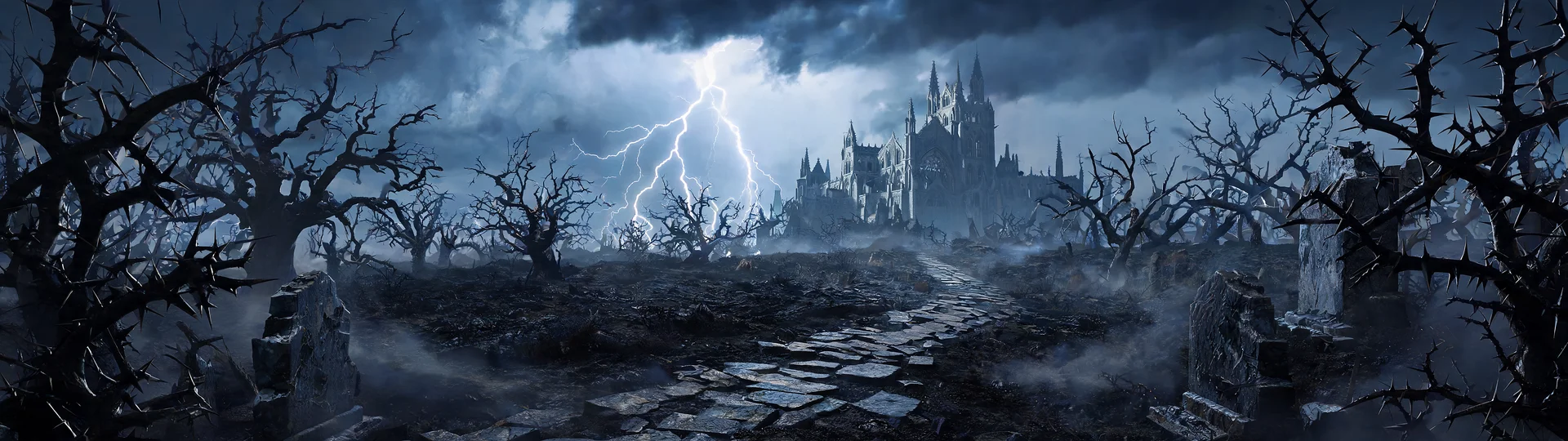 Lightning Over Gothic Spires 7680x2160 Desktop Wallpaper