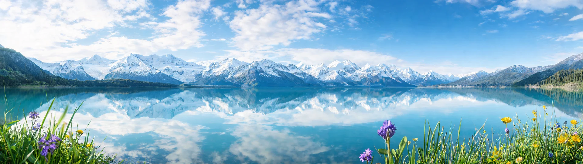 Mirror-Like Lake Reflecting Cumulus Clouds