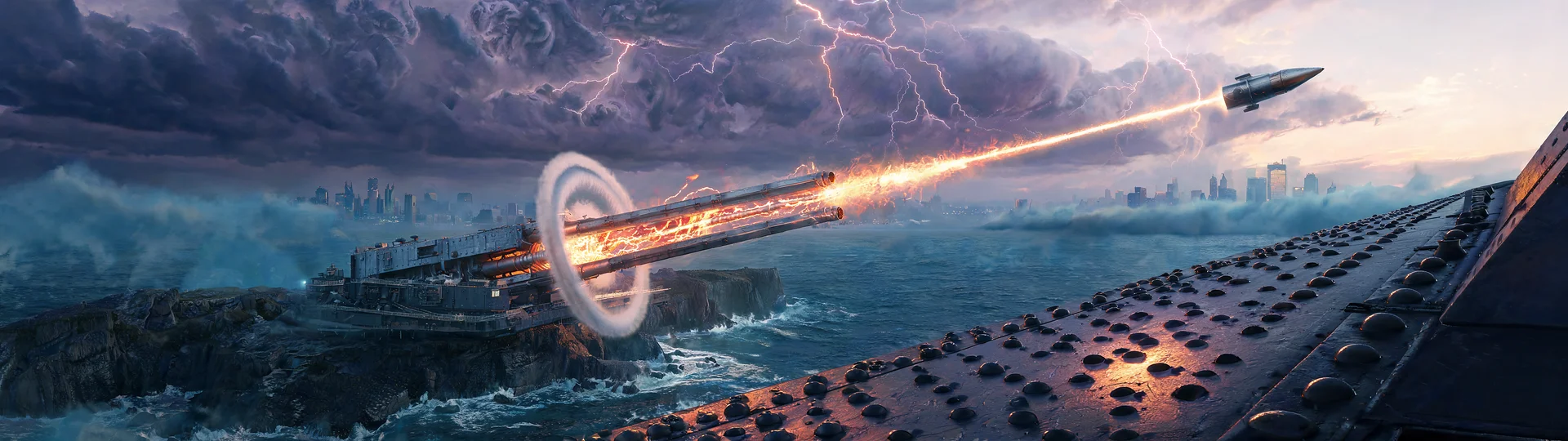 Railgun Arcflash Over Stormbound Horizon UW8K Wallpaper
